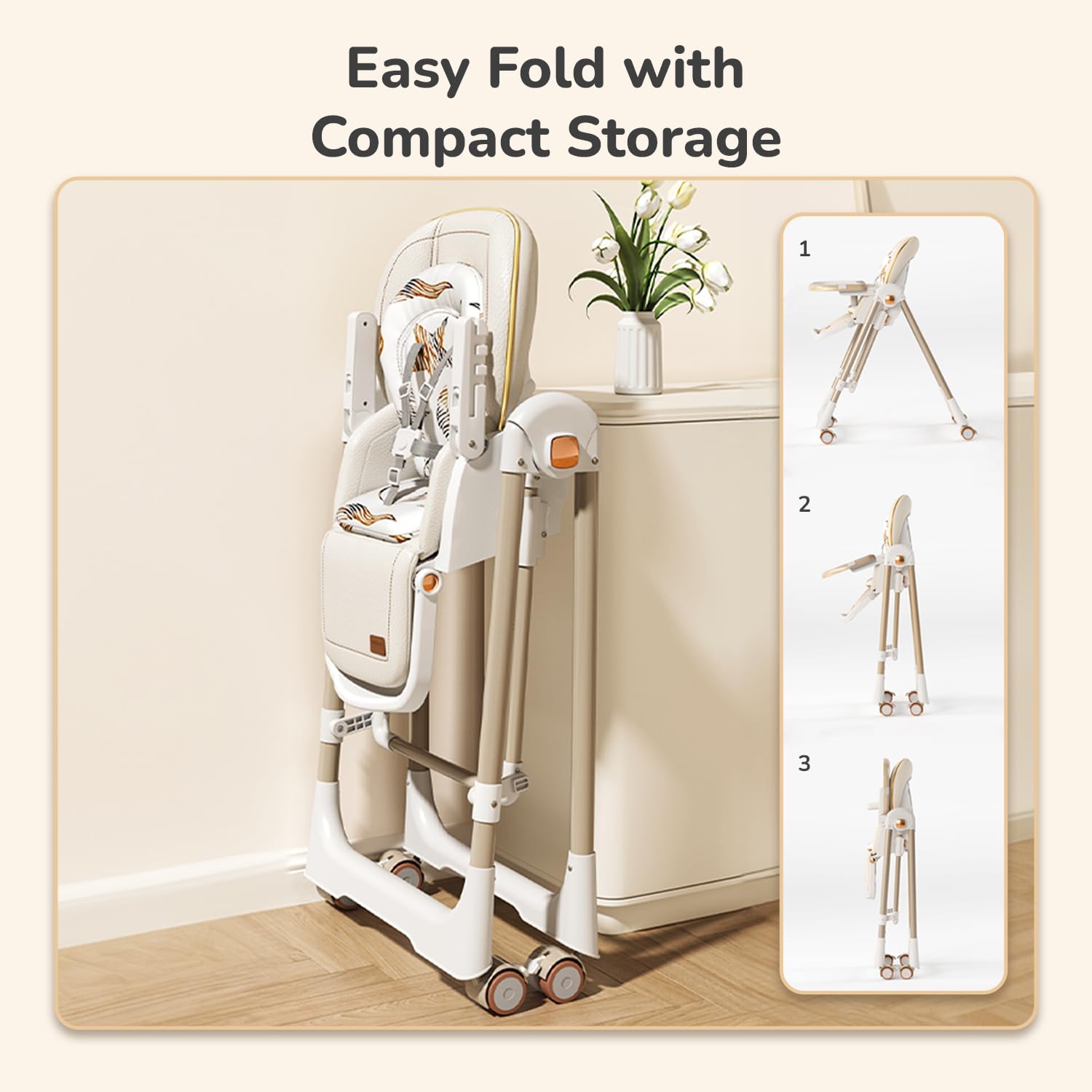 Modern baby high chair with adjustable tray and a separate baby swing/bouncer, both in a neutral cream and beige color scheme. Features happy babies using the multi-functional seating, perfect for a nursery or living room." www.usmile.com